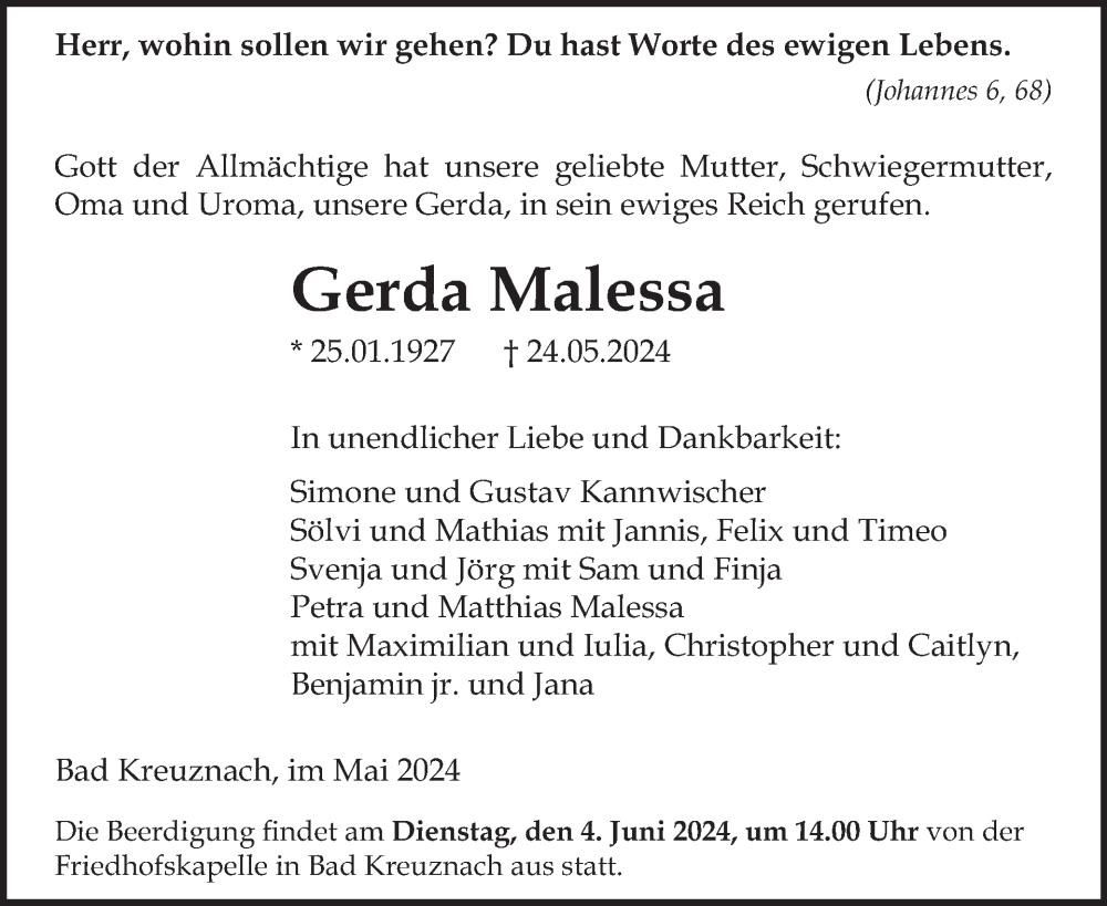  Traueranzeige für Gerda Malessa vom 01.06.2024 aus WochenSpiegel