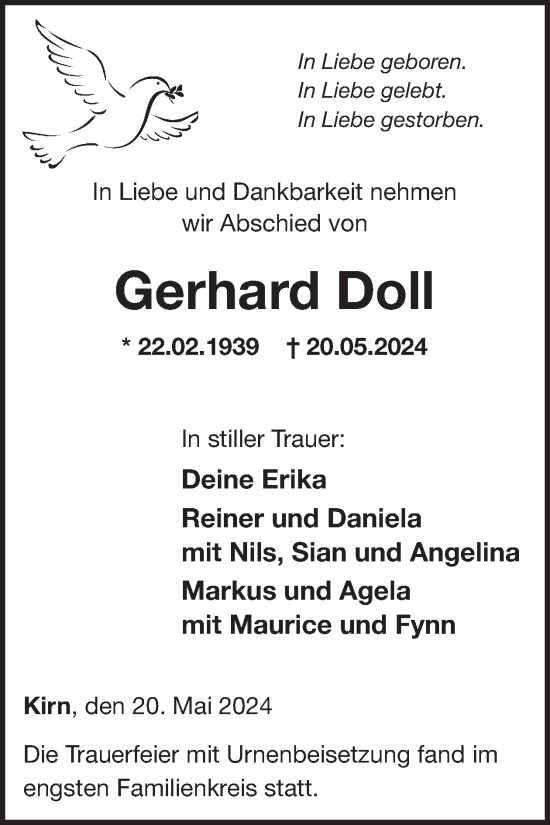Traueranzeige von Gerhard Doll von WochenSpiegel