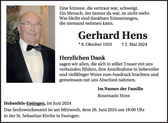 Traueranzeige von Gerhard Hens von WochenSpiegel