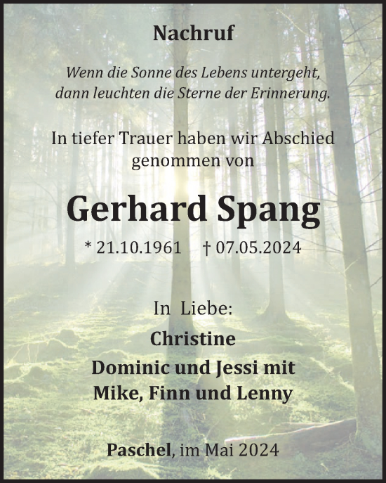 Traueranzeige von Gerhard Spang von WochenSpiegel