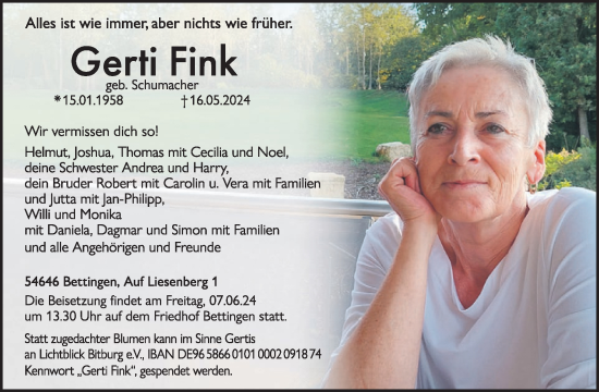 Traueranzeige von Gerti Fink von WochenSpiegel