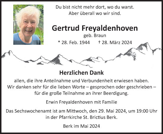 Traueranzeige von Gertrud Freyaldenhoven von WochenSpiegel