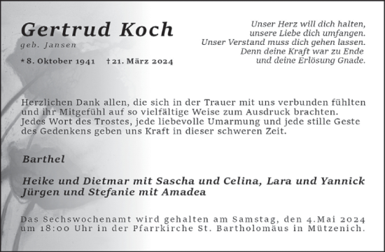 Traueranzeige von Gertrud Koch von WochenSpiegel