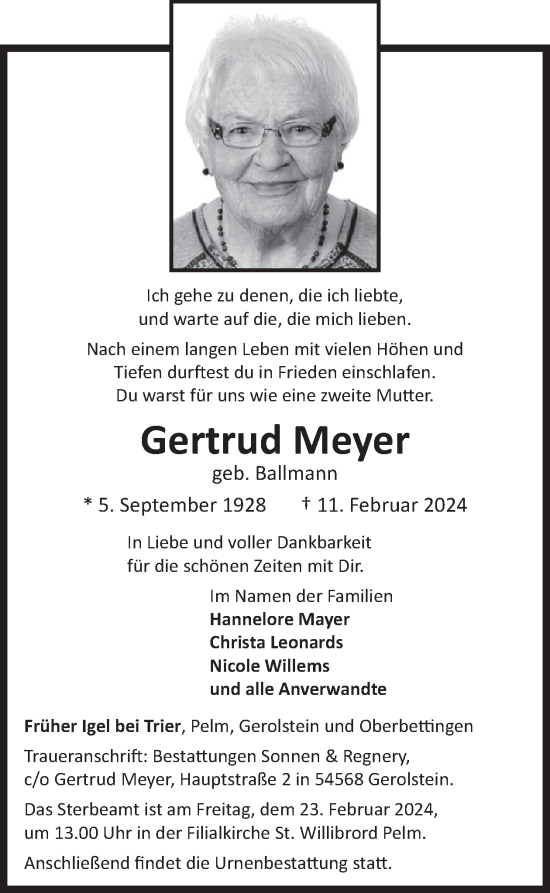 Traueranzeige von Gertrud Meyer von WochenSpiegel