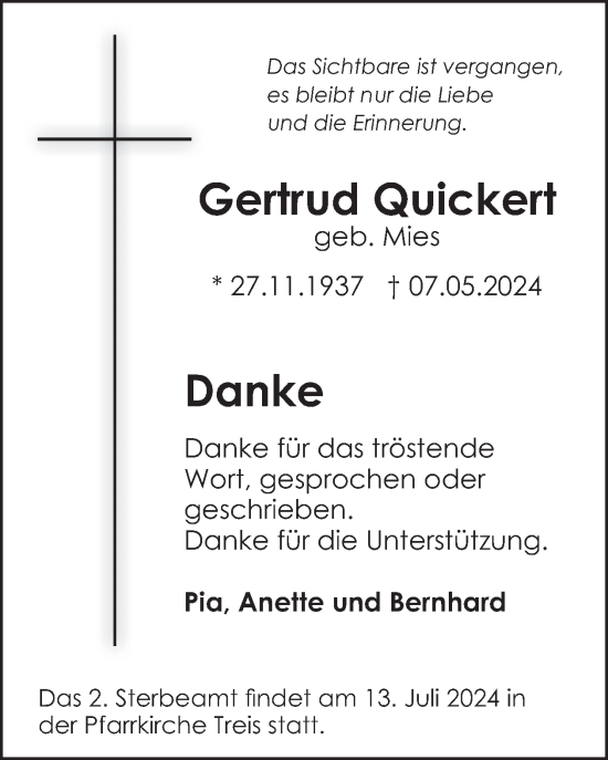 Traueranzeige von Gertrud Quickert von WochenSpiegel