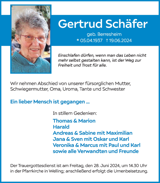 Traueranzeige von Gertrud Schäfer von WochenSpiegel