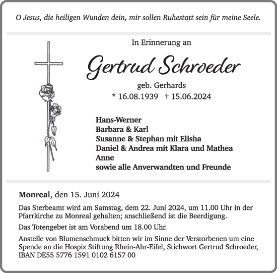 Traueranzeige von Gertrud Schroeder von WochenSpiegel