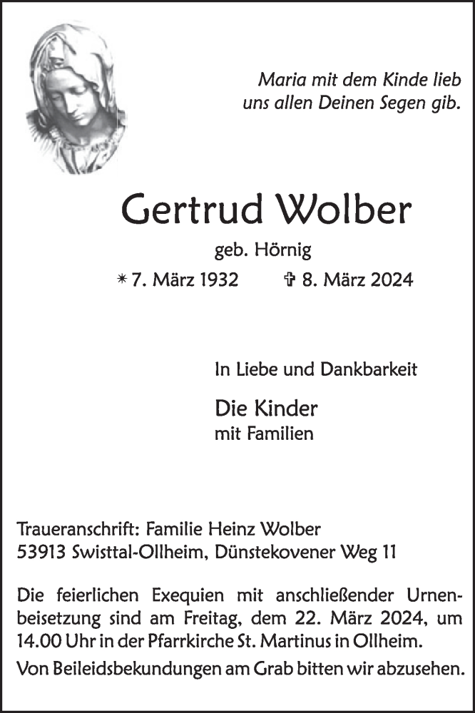  Traueranzeige für Gertrud Wolber vom 20.03.2024 aus WochenSpiegel