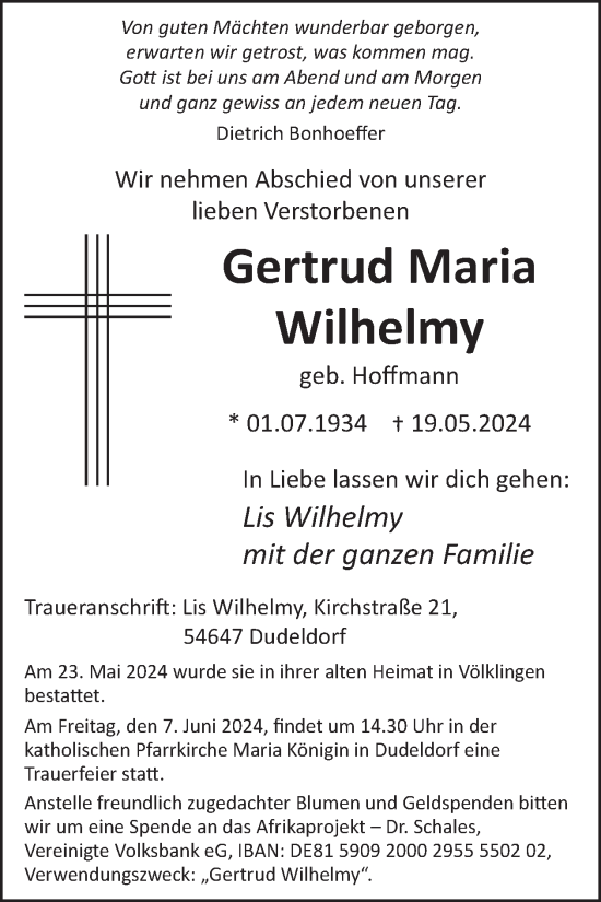 Traueranzeige von Gertrud Maria Wilhelmy von WochenSpiegel