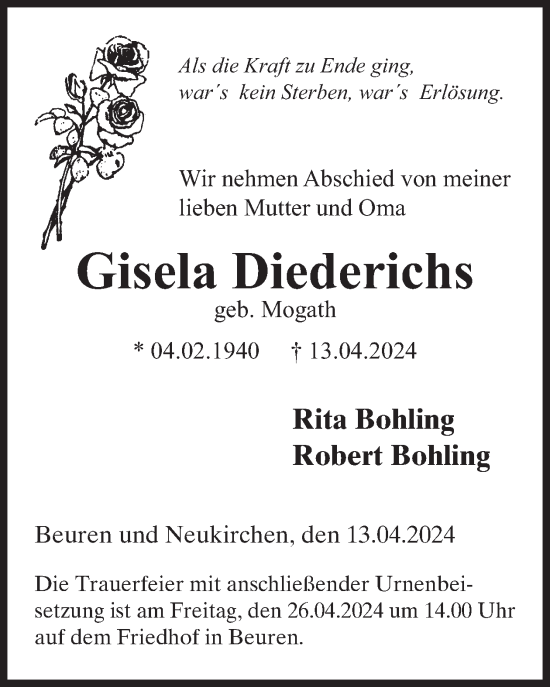 Traueranzeige von Gisela Diederichs von WochenSpiegel