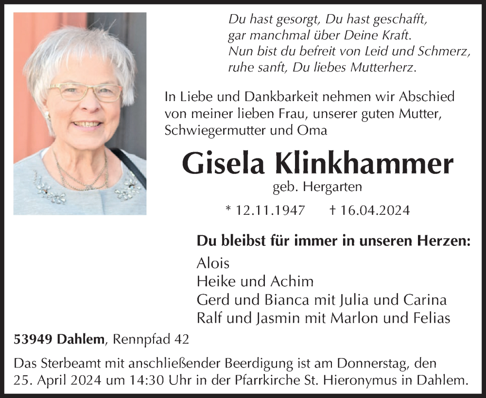  Traueranzeige für Gisela Klinkhammer vom 24.04.2024 aus WochenSpiegel