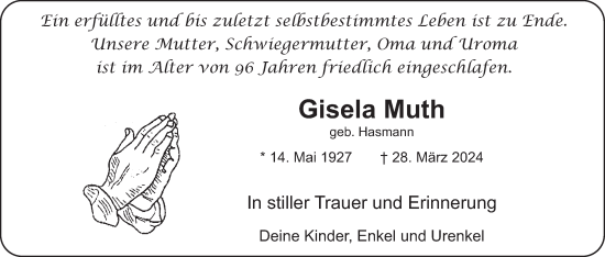 Traueranzeige von Gisela Muth von WochenSpiegel