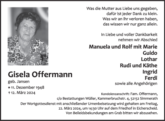Traueranzeige von Gisela Offermann von WochenSpiegel