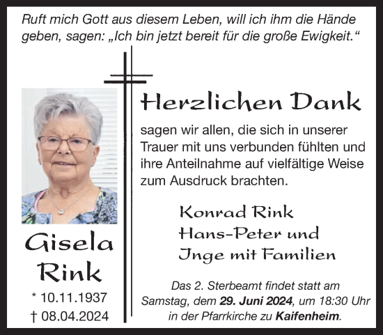 Traueranzeige von Gisela Rink von WochenSpiegel