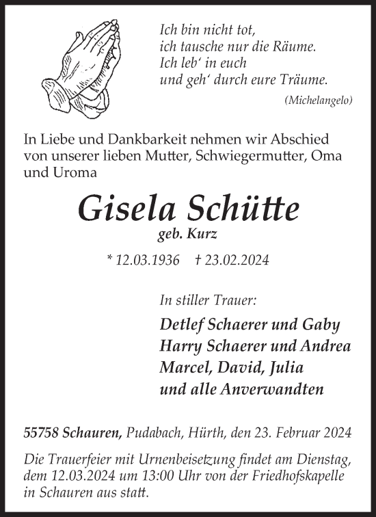 Traueranzeige von Gisela Schütte von WochenSpiegel