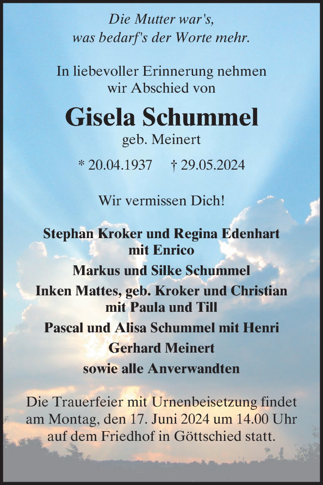  Traueranzeige für Gisela Schummel vom 15.06.2024 aus WochenSpiegel