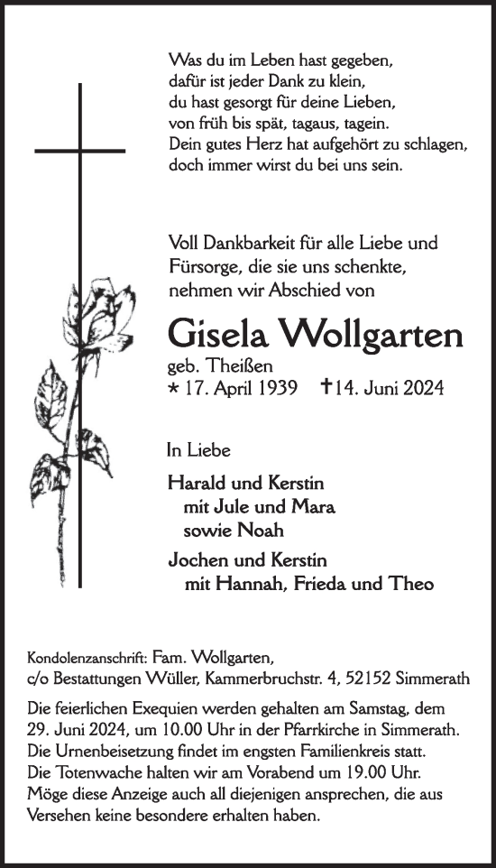 Traueranzeige von Gisela Wollgarten von WochenSpiegel