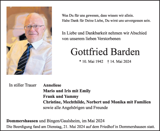 Traueranzeige von Gottfried Barden von WochenSpiegel