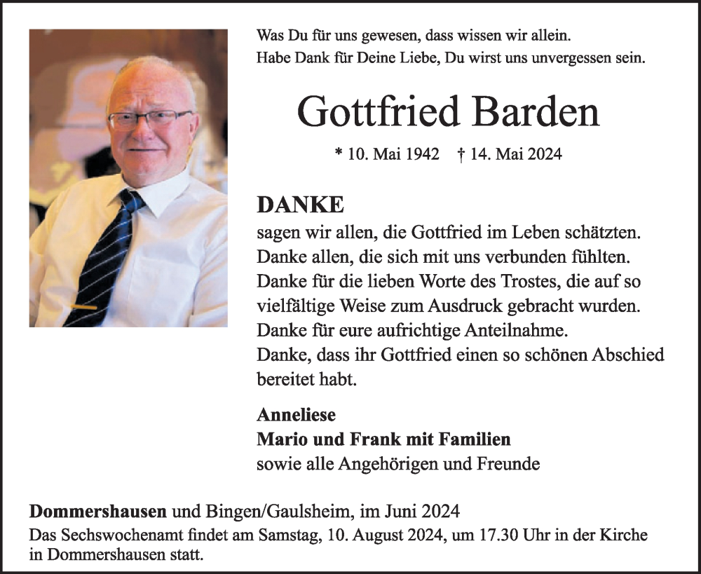  Traueranzeige für Gottfried Barden vom 22.06.2024 aus WochenSpiegel