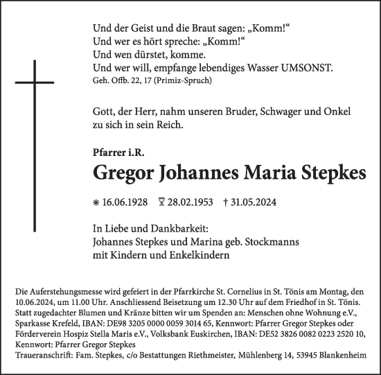 Traueranzeige von Gregor Johannes Maria Stepkes von WochenSpiegel