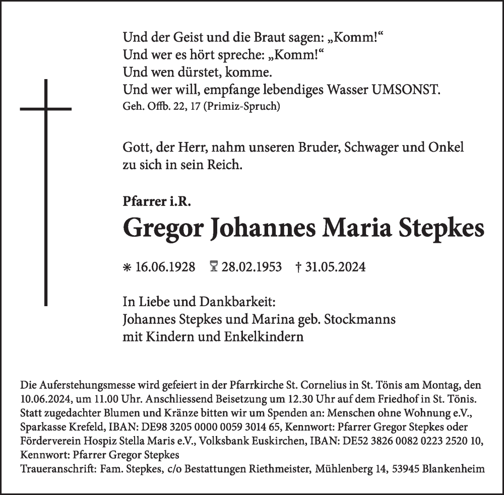  Traueranzeige für Gregor Johannes Maria Stepkes vom 05.06.2024 aus WochenSpiegel