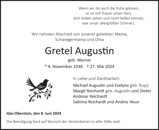 Traueranzeige von Gretel Augustin von WochenSpiegel