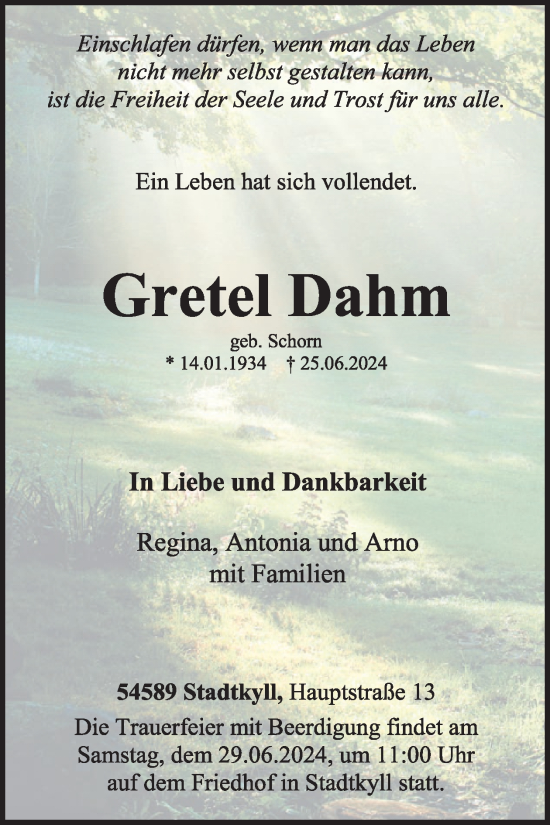 Traueranzeige von Gretel Dahm von WochenSpiegel