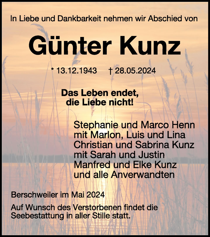  Traueranzeige für Günter Kunz vom 08.06.2024 aus WochenSpiegel