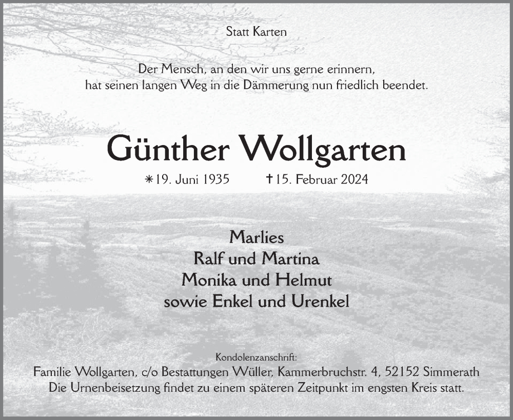  Traueranzeige für Günther Wollgarten vom 21.02.2024 aus WochenSpiegel