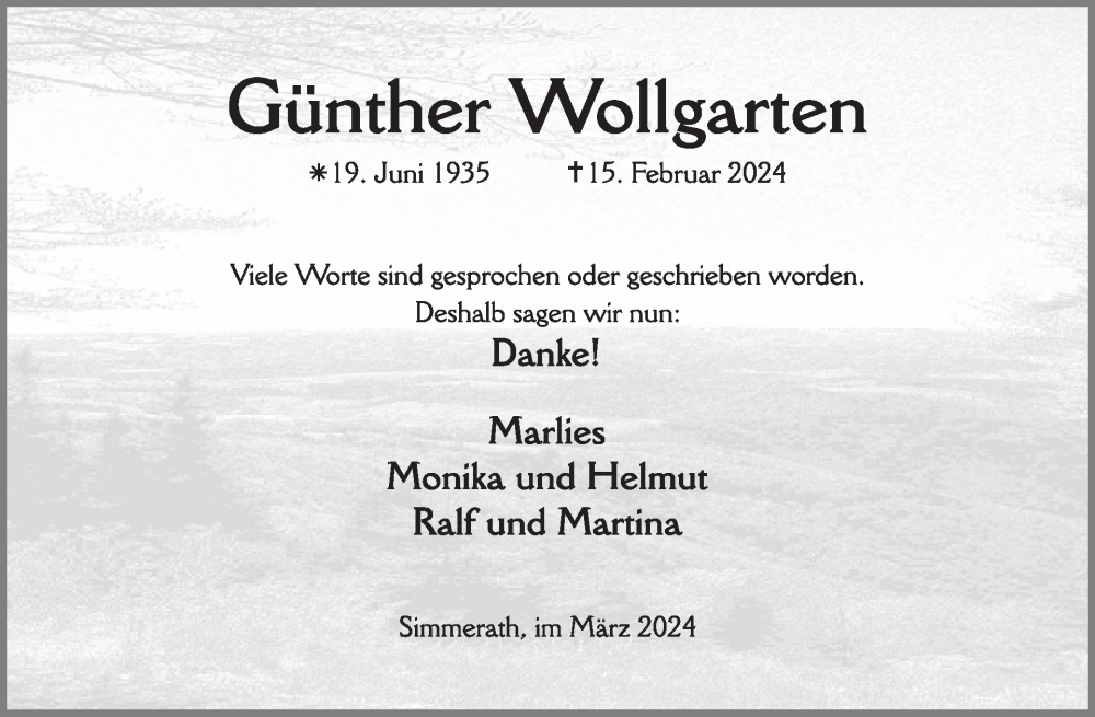  Traueranzeige für Günther Wollgarten vom 27.03.2024 aus WochenSpiegel