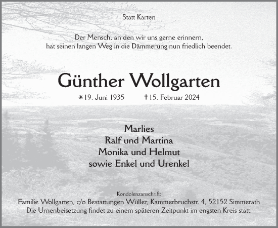 Traueranzeige von Günther Wollgarten von WochenSpiegel