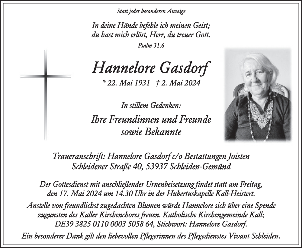  Traueranzeige für Hannelore Gasdorf vom 15.05.2024 aus WochenSpiegel