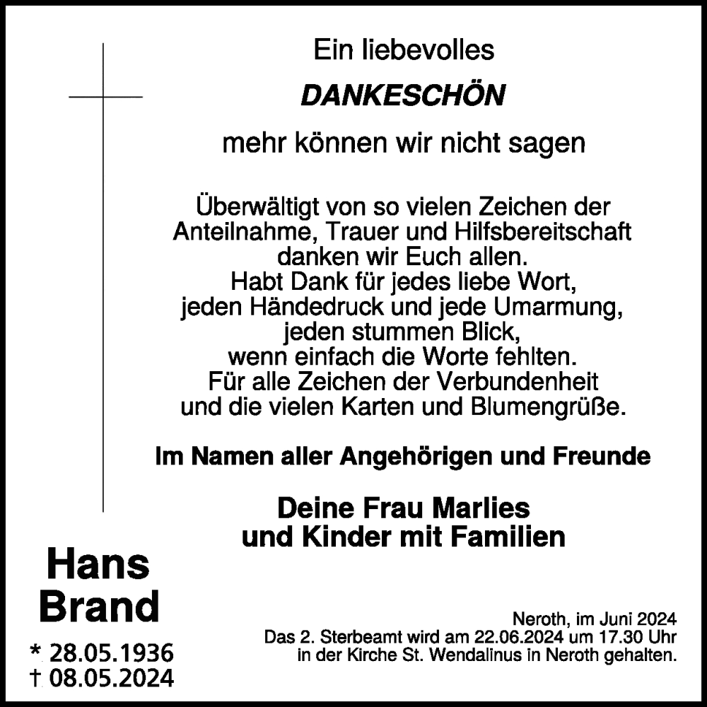  Traueranzeige für Hans Brand vom 15.06.2024 aus WochenSpiegel