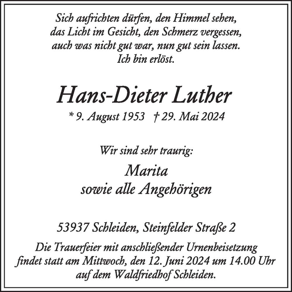  Traueranzeige für Hans-Dieter Luther vom 05.06.2024 aus WochenSpiegel