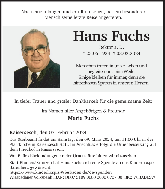 Traueranzeige von Hans Fuchs von WochenSpiegel