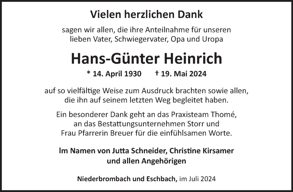  Traueranzeige für Hans-Günter Heinrich vom 29.06.2024 aus WochenSpiegel