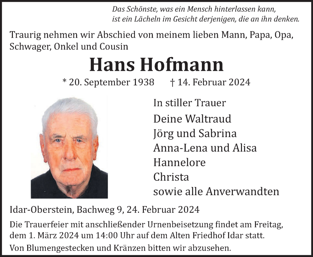  Traueranzeige für Hans Hofmann vom 24.02.2024 aus WochenSpiegel