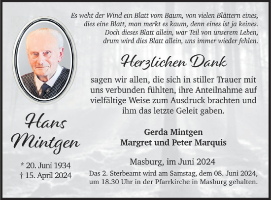 Traueranzeige von Hans Mintgen von WochenSpiegel