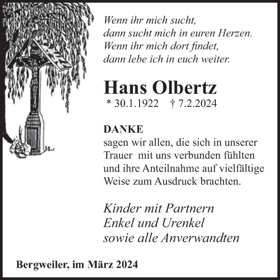 Traueranzeige von Hans Olbertz von WochenSpiegel