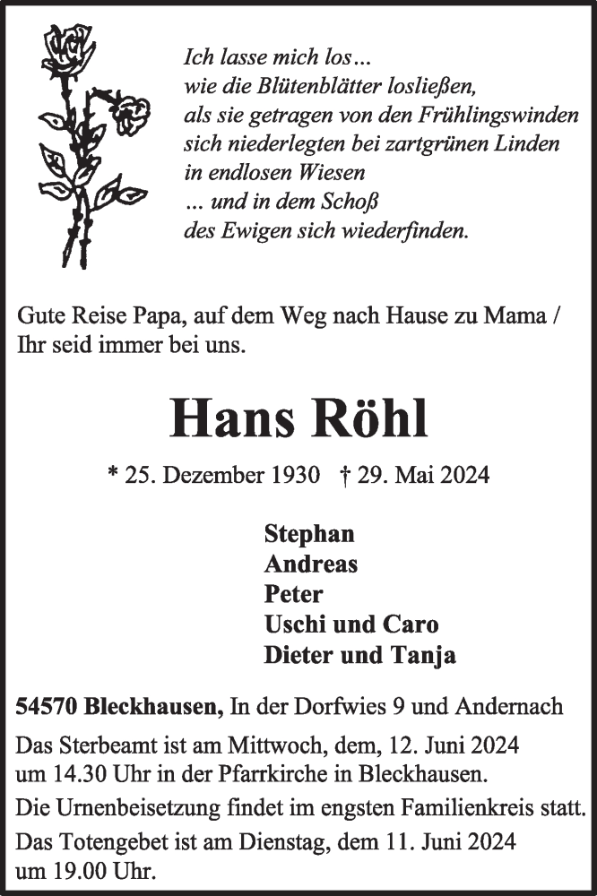  Traueranzeige für Hans Röhl vom 08.06.2024 aus WochenSpiegel
