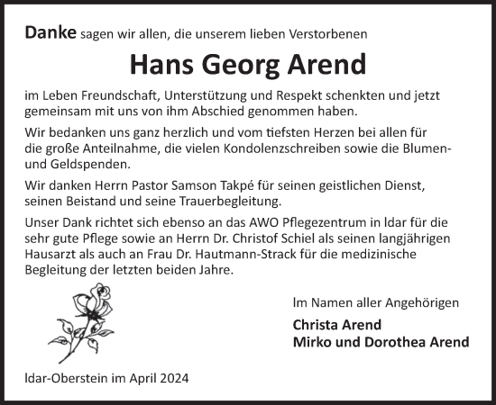 Traueranzeige von Hans Georg Arend von WochenSpiegel