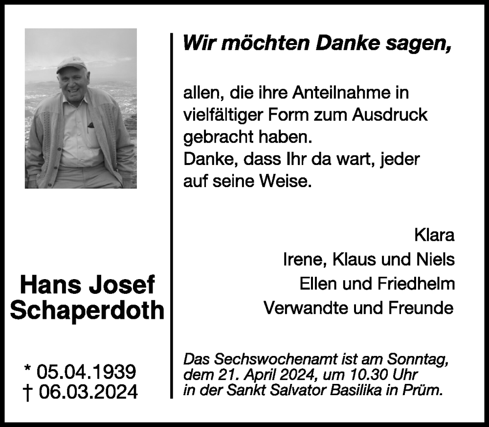  Traueranzeige für Hans Josef Schaperdoth vom 12.04.2024 aus WochenSpiegel