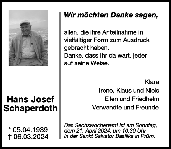 Traueranzeige von Hans Josef Schaperdoth von WochenSpiegel