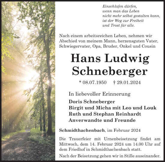 Traueranzeige von Hans Ludwig Schneberger von WochenSpiegel