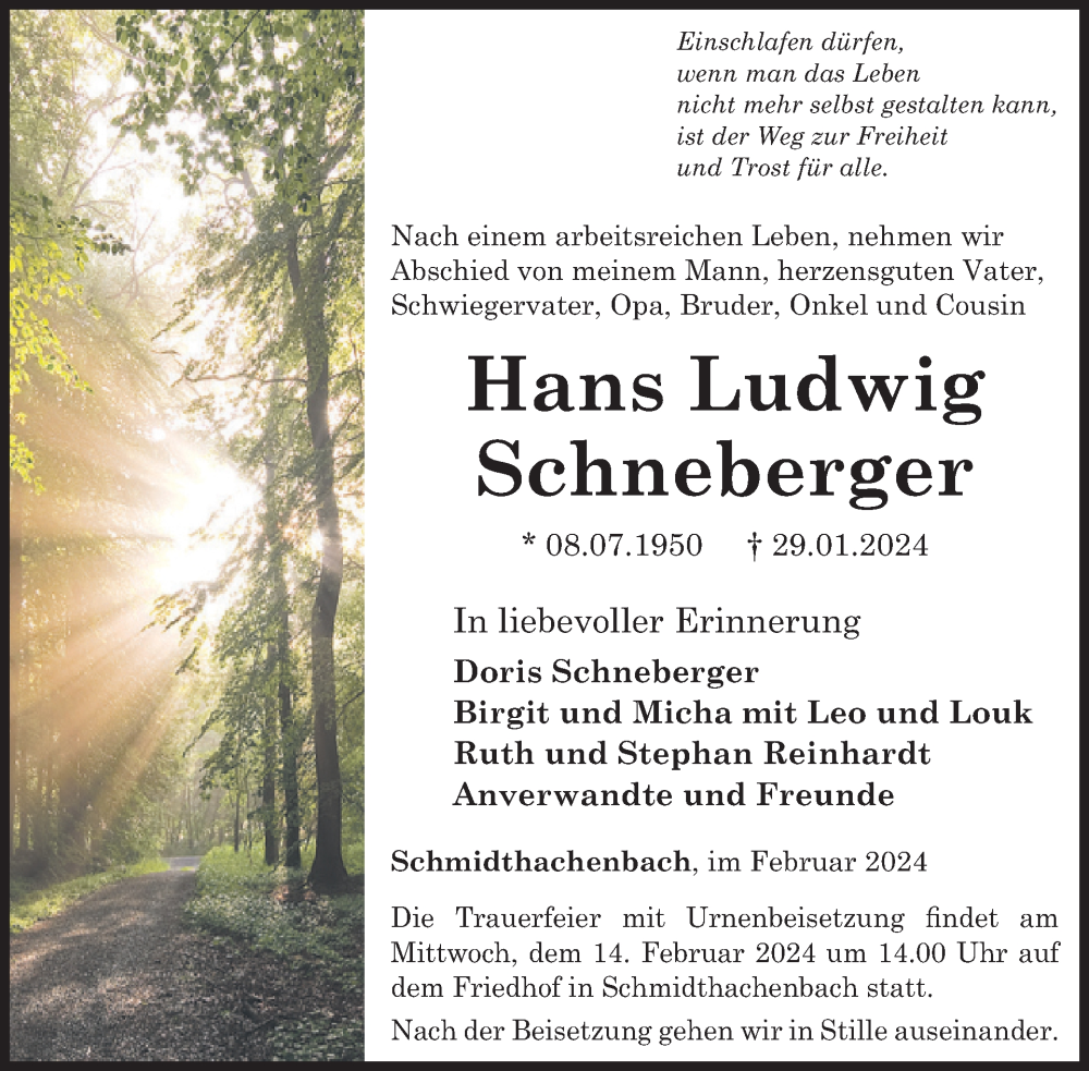  Traueranzeige für Hans Ludwig Schneberger vom 10.02.2024 aus WochenSpiegel