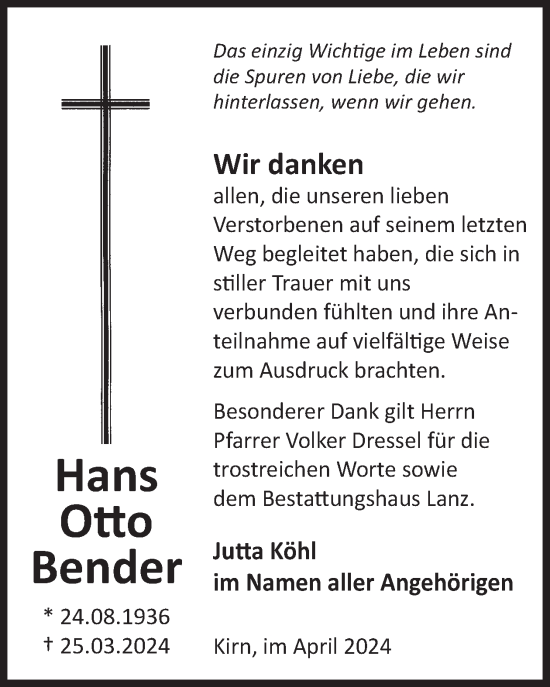 Traueranzeige von Hans Otto Bender von WochenSpiegel