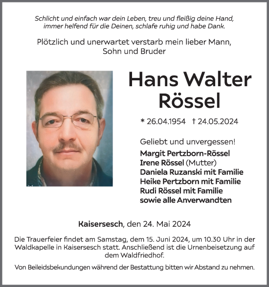 Traueranzeige von Hans Walter Rössel von WochenSpiegel