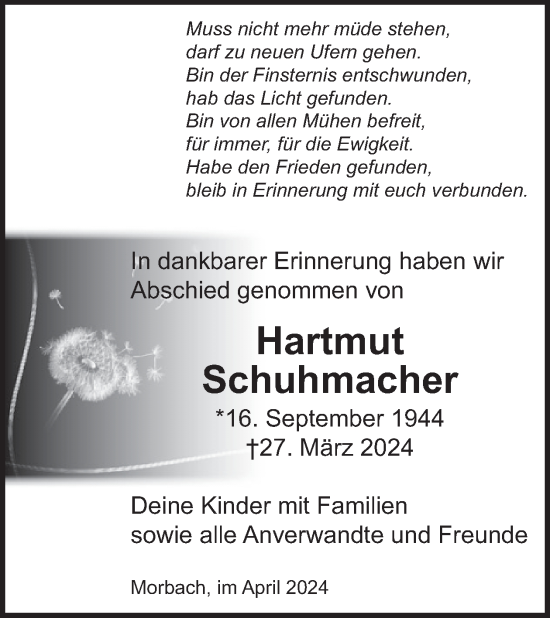 Traueranzeige von Hartmut Schuhmacher von WochenSpiegel