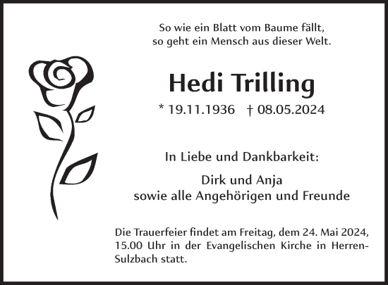 Traueranzeige von Hedi Trilling von WochenSpiegel