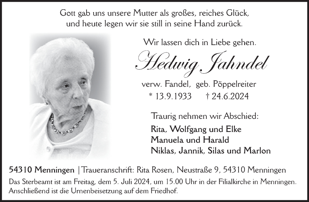  Traueranzeige für Hedwig Jahndel vom 28.06.2024 aus WochenSpiegel